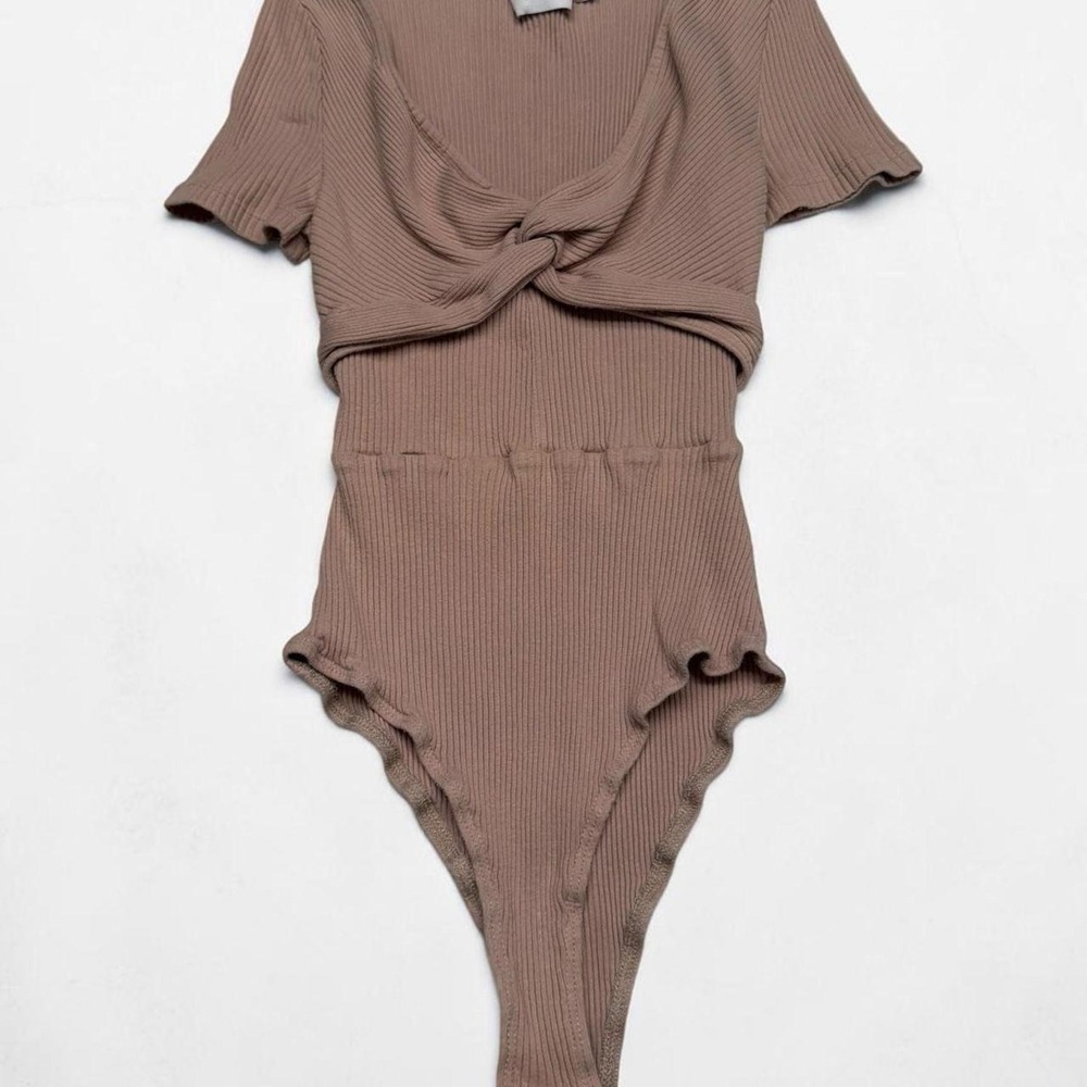 Princess Polly Ribbed Twist Front Cutout Bodysuit Taupe Size US 8